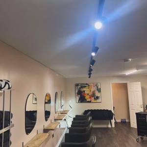 Modern track lighting installation in South Beach Salon, Helston, Cornwall, by AMP Electrical Solutions.