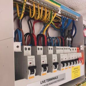Close-up of professionally wired fuse box installed by AMP Electrical Solutions
